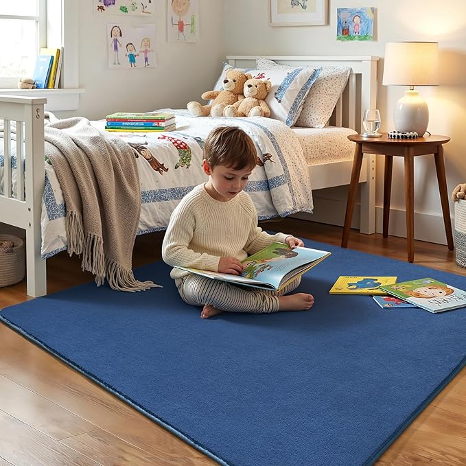 Amearea 5x5 Square Area Rugs for Bedroom Living Room, Modern Blue Thickened Memory Foam Rug, Fluffy Indoor Washable Rugs Non Slip Minimalist Carpet for Kids Boys Girls Dorm Nursery Room Decor