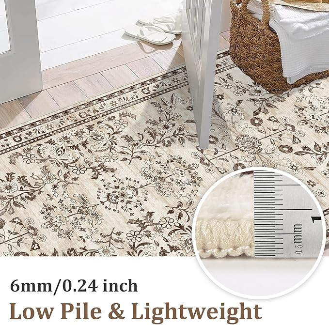 Yamaziot Washable Runner Rug 2x10 – Floral Non Slip Boho Hallway Runner Rug with Rubber Backing, Low Pile Faux Wool Distressed Carpet for Kitchen, Laundry, Bedroom, Entrance, Brown