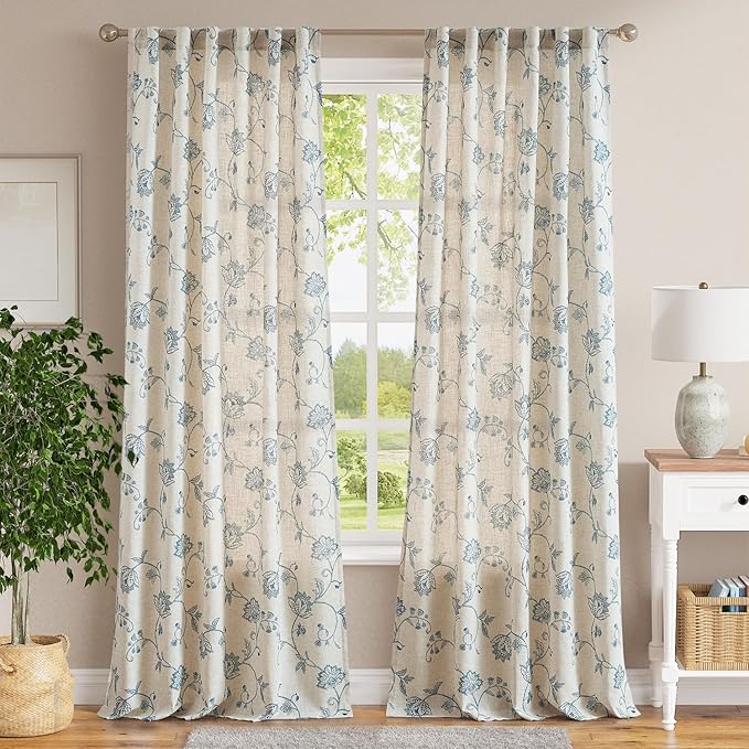 jinchan Linen Curtains Floral Curtains 96 Inch Length for Living Room Bedroom Light Filtering Rod Pocket Back Tab Jacobean Curtains Flax Linen Texture Window Drapes Set 2 Panels Blue on Linen