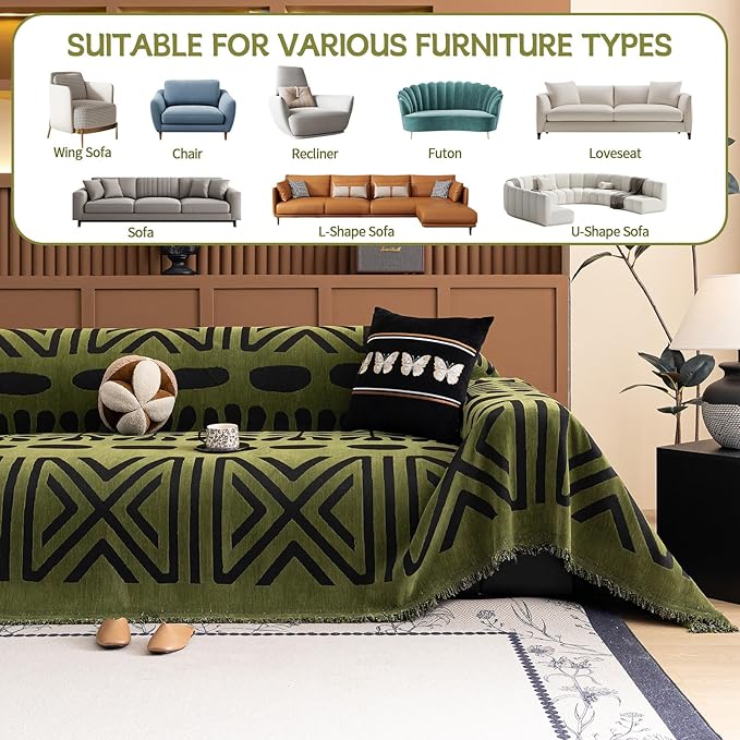 HANDONTIME Boho Couch Cover Geometric Striped Pet Covers for Couches and Sofas Olive Green and Black Dog Cover for Couch Pet Friendly Chenille Sectional Sofa Covers for Pets Washable, 71" X 150"