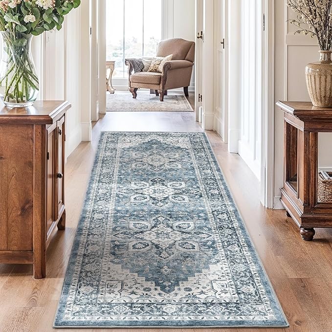 AMADA HOMEFURNISHING 2'6"x10' Washable Area Rug, Low-Profile Entryway Rug with Non-Slip Backing & Durable Edge Binding, Vintage Rug Pattern, Small Rugs for Entryway, Kitchen & Living Room