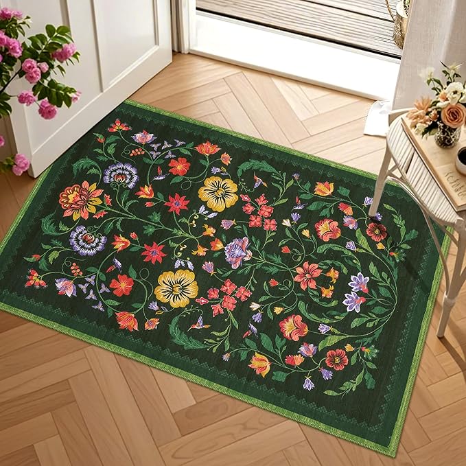 GarveeHome Protea Floral Rug for Entryway 2x3 Rugs Machine Washable Boho Small Area Rug Non-Slip Low-Pile Front Door Soft Mat for Entrance, Bedroom, Kitchen, Laundry, Bathroom, Forest Green
