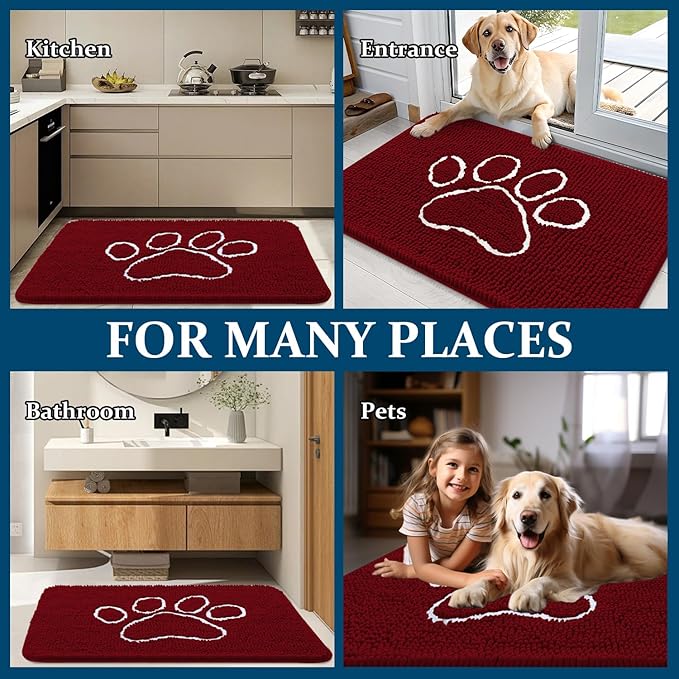 OLANLY Dog Door Mat for Muddy Paws 24x16, Paw Print Design, Absorbs Moisture and Dirt, Absorbent Non-Slip Washable Doormat, Quick Dry Chenille Mud Mat for Dogs, Entry Indoor Entryway Carpet, Red