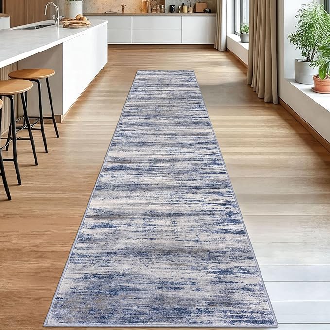 KOZYFLY Modern Abstract Washable Rug Runner 2.6x14 Hallway Rug Runner Non-Slip Soft Kitchen Runner Rugs, Grey-Blue Striped Carpet for Entryway Bathroom Laundry Room Foyer