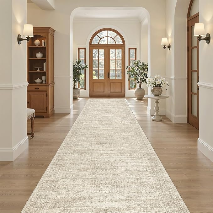 Hallway Runner Rug 3x16 - Vintage Non Slip Washable 16ft Kitchen Runner for Entrance Soft Long Carpet Runners for Living Room Bedroom Dining Room, Beige