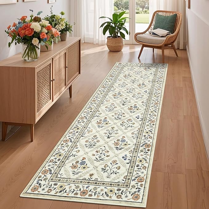 Washable Kitchen Rugs Non Slip 2x6 Hallway Runner Rug Stain Resistant Low Pile Floral Floor Rug with Rubber Backing Non Shedding Runners for Indoor Entryway Bedside Bedroom Farmhouse RV Beige Sand