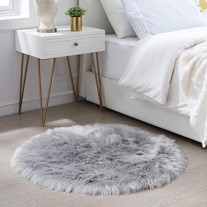 Ciicool Round Fur Fluffy Area Rug for Bedroom, Grey Faux Fur Rugs Furry Circle for Kids Room, Cute Furry Nursery Carpet, Plush Shag Circular Rugs Floor Carpets 3x3 Ft