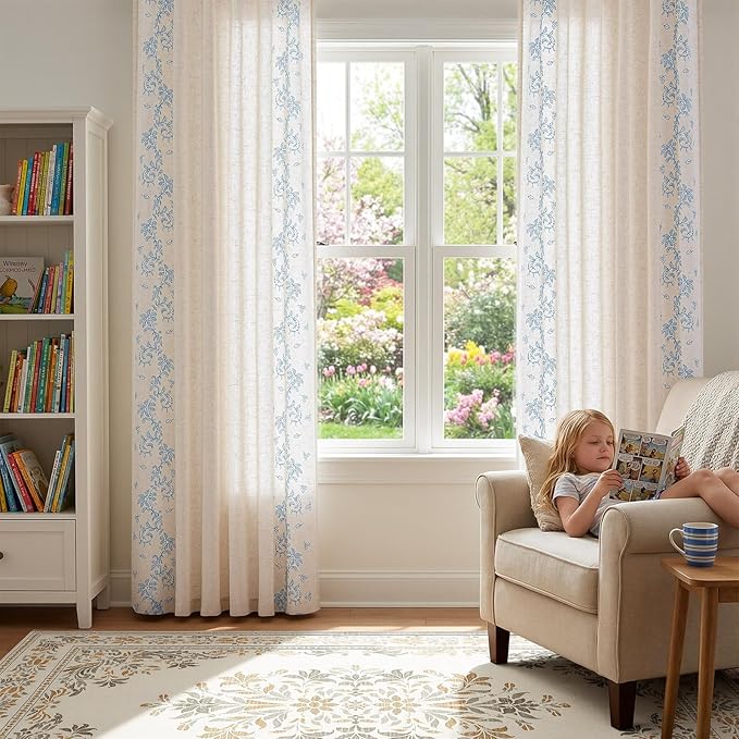 jinchan Evelyn Embroidered Linen Curtains for Living Room Farmhouse Floral Curtains for Bedroom Semi Sheer Light Filtering Window Drapes Rod Pocket Back Tab 2 Panels W50 x L96 Blue