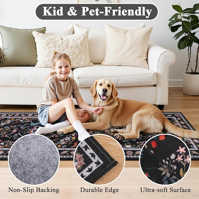 HEBE Washable Hallway Runner Rug 2'x 6' Non Slip Kitchen Rugs Runner,Low Pile Entryway Rug Laundry Room Mat Floral Carpet Runners for Hallways, Kitchen,Bathroom,Laundry,Bedside Rug