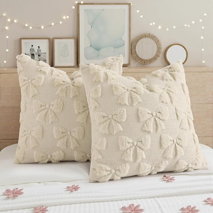 decorUhome Beige Bow Pillow Covers Set of 2 Coquette Aesthetic Cute Preppy Plush Faux Pillowcases for Girly Bedroom or Couch 16x16 Inch