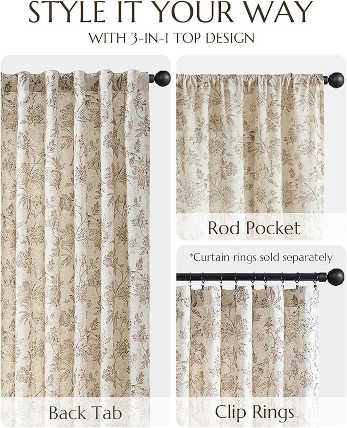 jinchan Lined Linen Floral Curtains for Living Room, 84 Inch Length Printed Flower Farmhouse Patterned French Country Back Tab Taupe Window Drapes Set Privacy Bedroom Curtains, 2 Panels