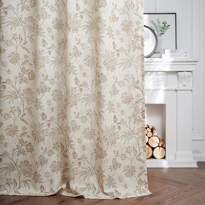 jinchan Linen Floral Curtains for Living Room with Printed Flower 63 Inches Long Light Filtering French Country Back Tab Rod Pocket Taupe Window Curtain Set Farmhouse Drapes 2 Panels Taupe