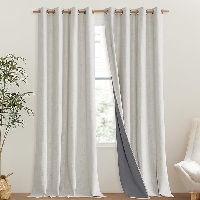 NICETOWN Snowbound Vintage Linen 100% Blackout Curtains for Living Room, Thermal Insulated Curtains 108" Long, Noise Reducing Window Treatment Drapes for Hall Room, 52" Wide Per Panel, Set of 2