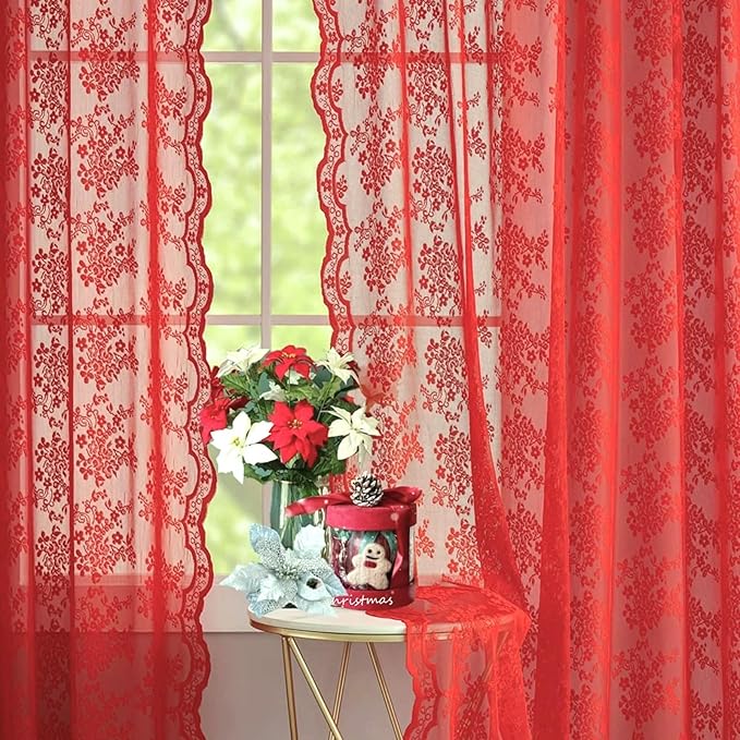 YJ YANJUN Vintage Lace Curtains 72 Inch Length 2 Panels for Bedroom-Victorian Floral Red Christmas Living Room Curtains with Scalloped Edges Farmhouse Embroidery Rod Pocket Privacy Christmas Decor