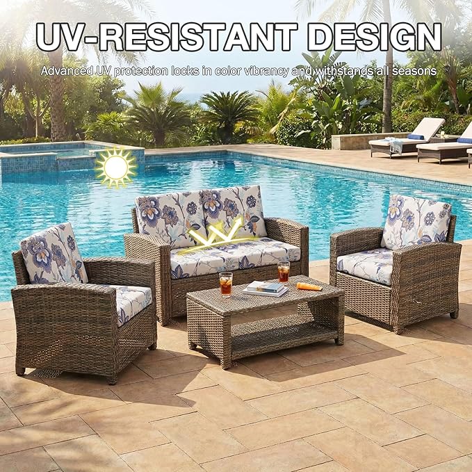 hyha 4Pcs Patio Cushion Covers, Stretch Outdoor Couch Cushion Covers, Washable Outdoor Chair/Sofa Slipcovers for Patio Furniture Cushions Protector with Elastic Bottom(Vintage Flower,Cover Only)