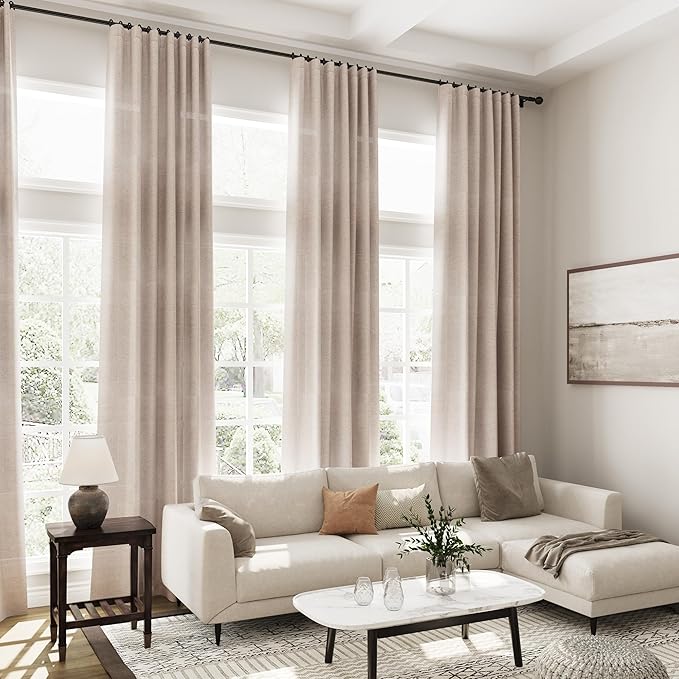 Extra Long Curtains 2 Panels 102 Inches Long for Living Room Oatmeal Back Tab Rod Pocket Light Filtering Semi Sheer Drapes Cotton Linen Textured Window Curtain 102 Inch Length for Bedroom 9 FT