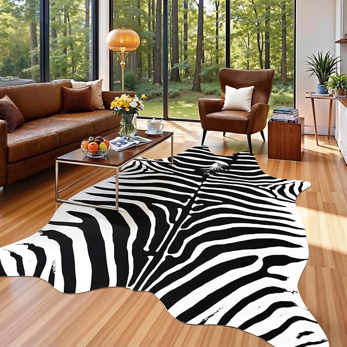 AROGAN Premium Faux Zebra Hide Rug 6.2 x 7 Feet, Sturdy and Large Size Zebra Print Rugs, Suitable for Bedroom Living Room Western Decor, Faux Fur Animal Carpet, Black and White