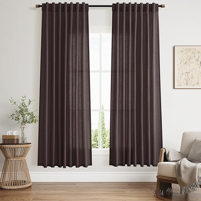 Cocoa Coffee Linen Curtains 72 Inch Long for Living Room Bedroom Lightweight Door Drapes 2 Panels Set, Semi Sheer Light Filtering Back Tab or Rod Pocket Curtain,52x72