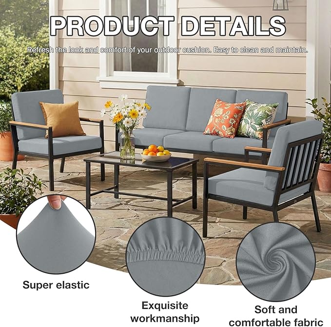 hyha 14Pcs Patio Cushion Covers, Stretch Outdoor Couch Cushion Covers Replacement, Washable Outdoor Chair/Sofa Slipcovers for Patio Furniture Cushions Protector with Elastic Bottom(Gray,Cover Only)