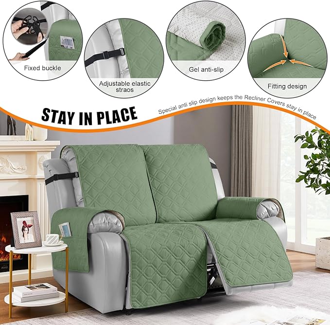 VANSOFY Waterproof Loveseat Recliner Cover, Sofa Covers 1-Piece Washable Reclining Sofa Cover Non-Slip Furniture Protector with Elastic Straps Pocket for Dogs, Pets(Bean Green,2 Seater)