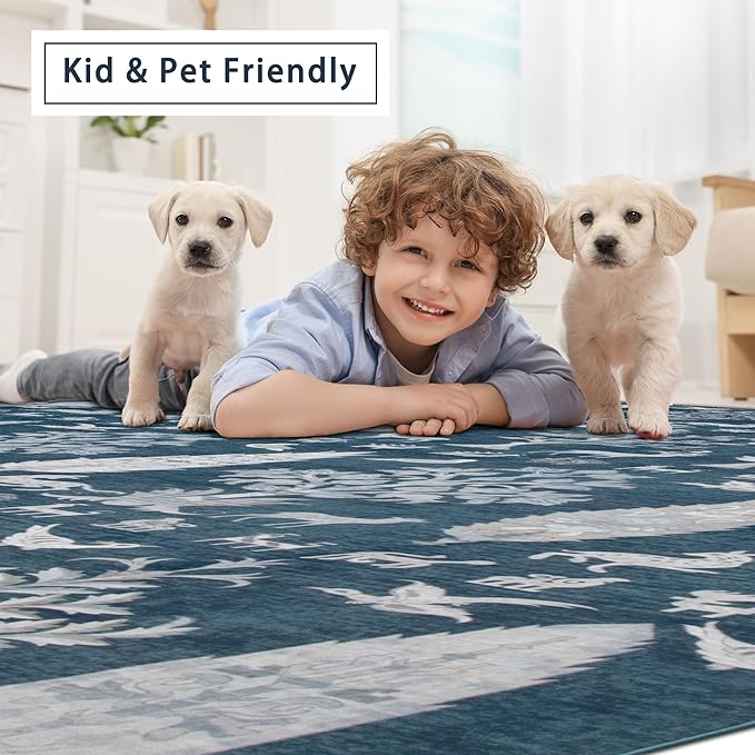 Washable Rugs 8x10 Area Rugs for Living Room,Bedroom,Dining Room- Large Ultra Soft Faux Wool Retro Carpet,Non Slip&Non-Shedding Low Pile Vintage Print Rug for Home Office Dorm Playroom-Blue