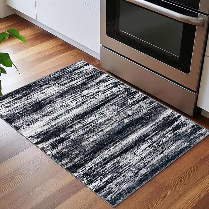 KOZYFLY Modern Abstract Small Area Rugs, 2x3 Washable Kitchen Rug Non-Slip Soft Small Bathroom Rug, Black Navy Blue Grey Striped Entryway Rugs Faux Wool Doormat for Bedside Entrance Bedroom Sink