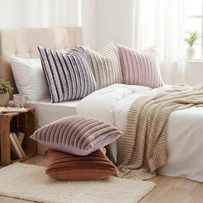 decorUhome Summer Cozy Faux Fur Throw Pillow Covers 20x20 Set of 2 Decorative Soft Plush Striped Modern Farmhouse Boho Couch Pillow Cases with Velvet Back for Sofa Bed Living Room, Beige White