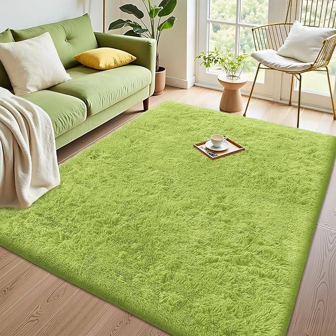 OLANLY Area Rugs for Living Room Bedroom, Machine Washable 4x5.9 ft Soft Fluffy Shaggy Bedside Rug, Indoor Floor Carpet for Kids Girls and Boys, Dorms, Nursery Rooms, Home Decor Aesthetic, Grass Green