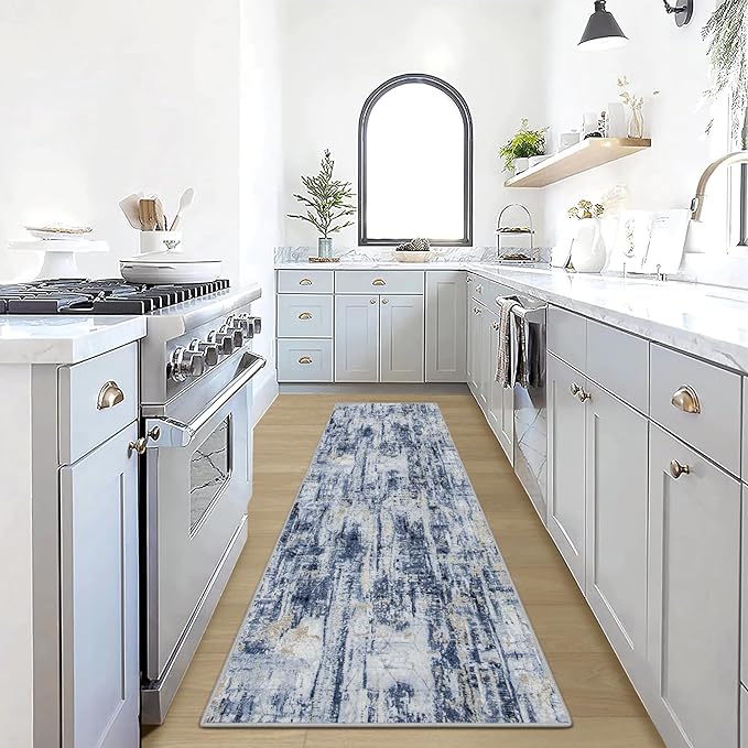2'6''x8' Runner Rugs Washable Rug: Modern Abstract Hallway Runner Rug Indoor Soft Low Pile Thin Carpet Anti-Skid Non-Shedding Carpets for Kitchen, Entryway, Laundry, Bedroom - Blue Gold
