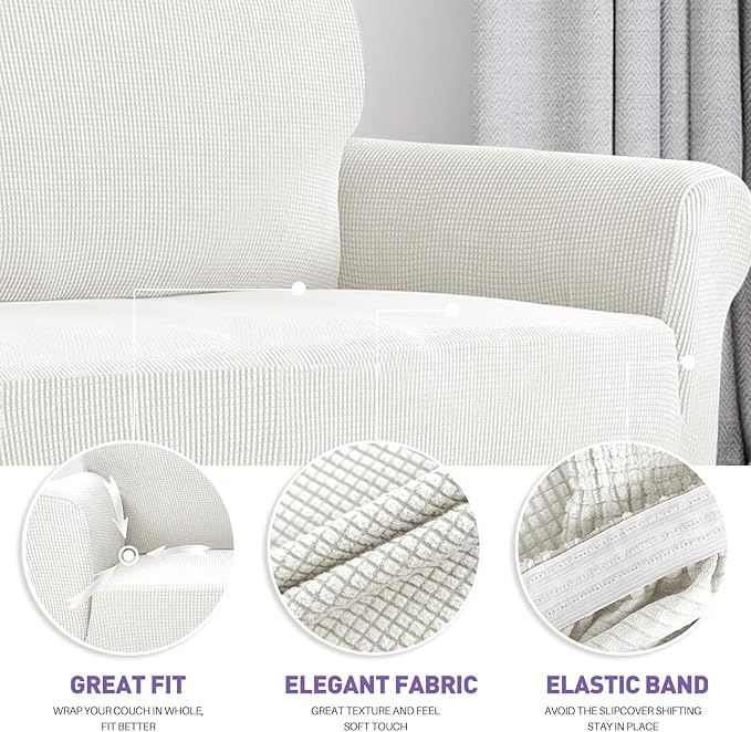 ZNSAYOTX Super Stretch Couch Cover Love Seat Sofa Covers for Living Room Dogs Pet Friendly Furniture Protector Spandex Loveseat Slipcovers with Anti Slip Foam Sticks (White, Loveseat)