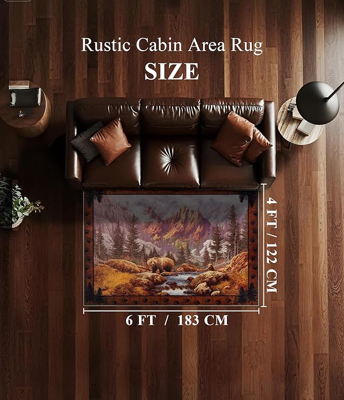 YIHOUSE Rustic Cabin Area Rug for Bedroom 4x6,Machine Washable Forest Bear Rug,Non-Slip Low Pile Print Pattern Mountain Rug for Living Room