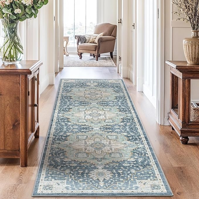 AMADA HOMEFURNISHING 2'6"x10' Washable Area Rug, Low-Profile Entryway Rug with Non-Slip Backing & Durable Edge Binding, Vintage Rug Pattern, Small Rugs for Entryway, Kitchen & Living Room