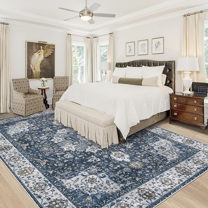 Area Rug 9x12 Washable Rug, Vintage Boho Medallion Rugs Non-Slip Soft Low Pile Large Distressed Rug Indoor Retro Carpet for Living Room Bedroom Dining Room Home Office (Vintage Blue, 9'x12')