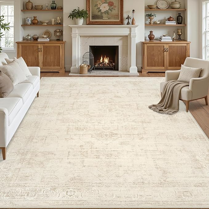 8x10 Area Rugs for Living Room: Vintage Boho Neutral Washable Rug Indoor Soft Large Area Rug Carpet for Bedroom Nursery Farmhouse Dining Room Office Floor Non-Slip Low Pile Under Table Rug Dark Beige