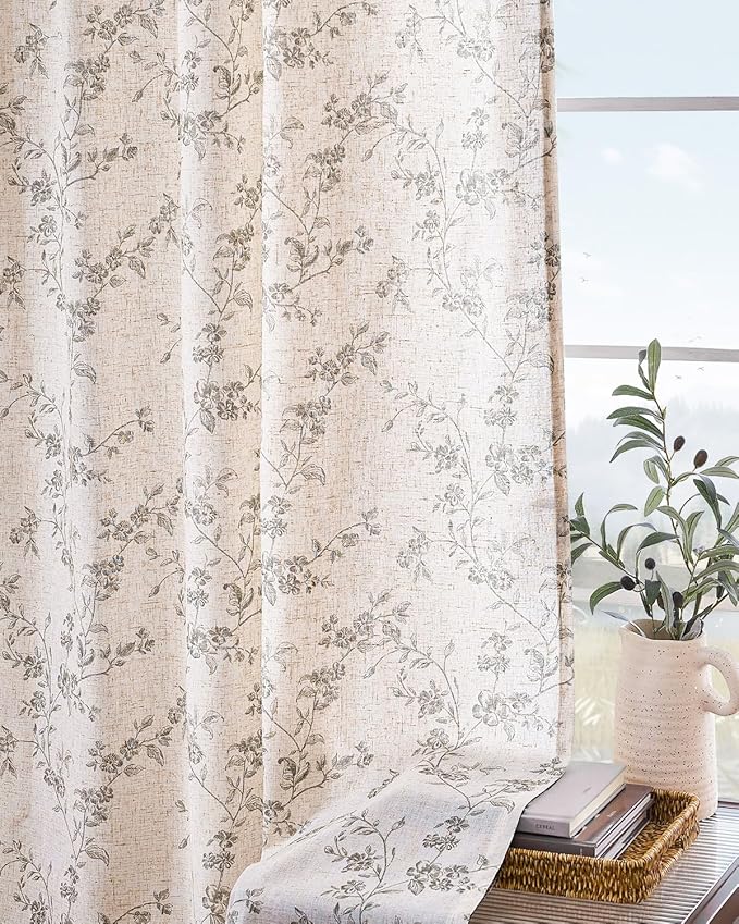 Lazzzy Farmhouse Linen Curtains Extra Long Gray Floral Curtains 108 Inch Long Back Tab Drapes for Living Room Bedroom Light Filtering Country Vintage Rod Pocket, 2 Panels, Grey on Beige