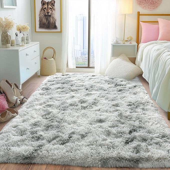 Pionblank Fluffy Area Rug for Bedroom 4x6 Feet, Indoor Plush Carpet, Shag Soft Bedside Rug, Cute Comfy Furry Rug for Living Room Dorm Girls Boys Room Nursery Decor, Tie Dye Grey