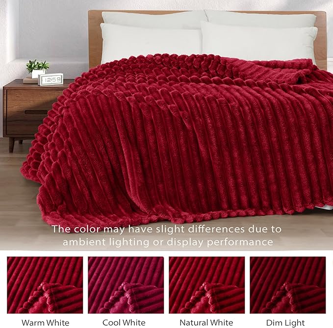 Exclusivo Mezcla Twin Size Flannel Fleece Blanket, Super Soft Striped Jacquard Bed Blanket, Lightweight Fuzzy Cozy for All Seasons, 60x80 Inches, Deep Red
