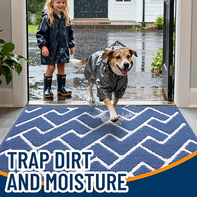 OLANLY Front Door Mat, Non-Slip Rubber Backing, Dirt Resistant and Absorbent, Washable, Easy to Clean Low-Profile Indoor Doormat for Back Door, Entryway, Inside Entrance, 36x24, Navy