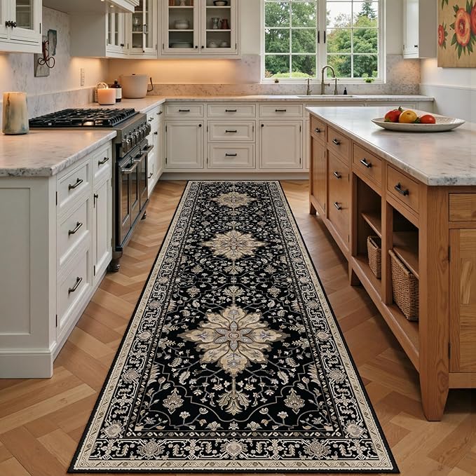 RELEANY Area Rugs 2'x7' Runner Rug Non Slip Washable for Kitchen Hallway Bedroom Beside Laundry Room Bathroom Rug, Floor Carpet, Black Brown Neutral Dark Tan