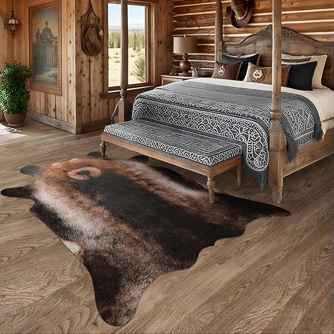 AROGAN Premium Bear Print Rug 6.2x7 Feet, Machine Washable Faux Fur Rug, Non-Slip Animal Print Hide Bear Skin Area Rug for Bedroom Living Room Home Decor