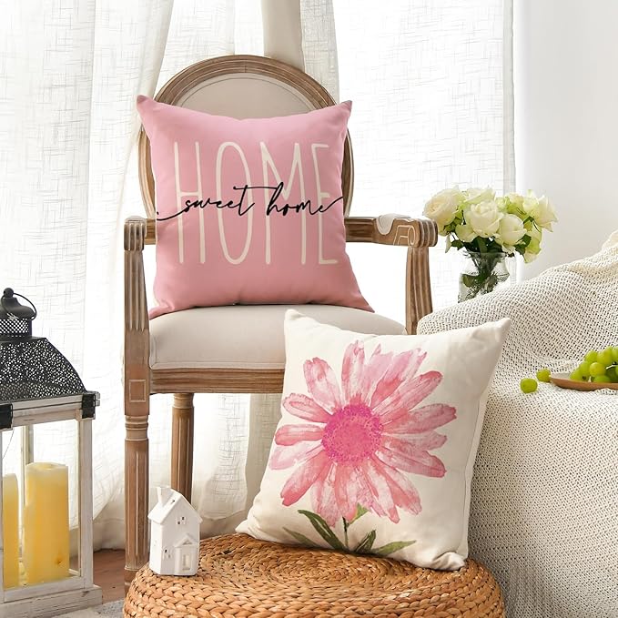 AVOIN colorlife Home Sweet Home Spring Summer Flowers Pink Throw Pillow Covers, 16 x 16 Inch Cushion Case for Sofa Couch Set of 4