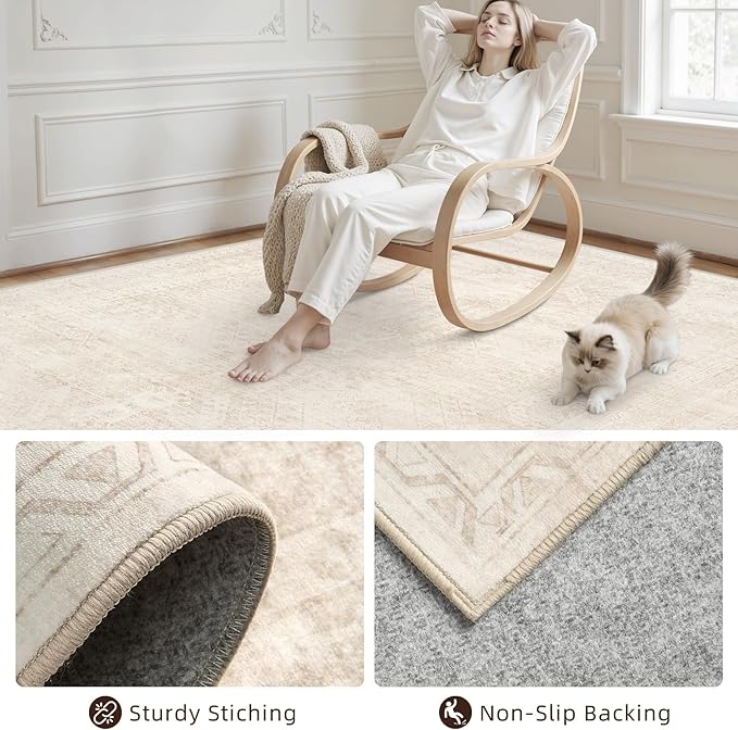 6x9 Area Rugs for Living Room: Vintage Boho Neutral Washable Rug Indoor Soft Large Area Rug Carpet for Bedroom Nursery Farmhouse Dining Room Office Floor Non-Slip Low Pile Under Table Rug Beige