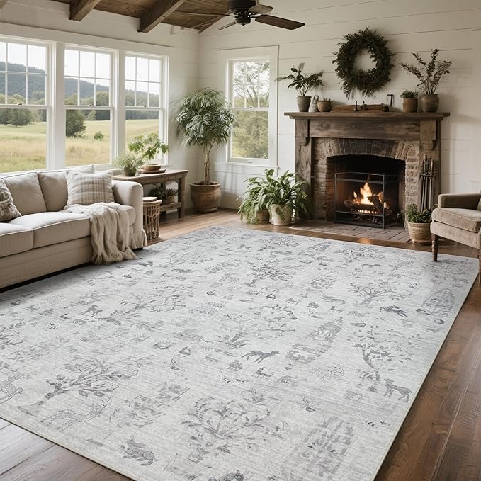 Washable Rugs 8x10 Area Rugs for Living Room,Bedroom,Dining Room- Large Ultra Soft Faux Wool Retro Carpet,Non Slip&Non-Shedding Low Pile Vintage Rug for Home Office Dorm Playroom-Tree Gray