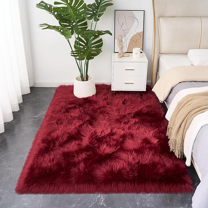 EasyJoy Ultra Soft Fluffy Shaggy Area Rug Faux Fur Rug Chair Cover Seat Pad Fuzzy Area Rug for Bedroom Floor Sofa Living Room (4 x 6 ft Rectangle, Burgundy)