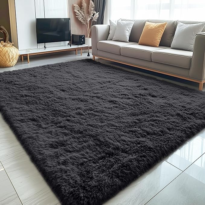 OLANLY 5x10 Machine Washable Large Area Rugs for Living Room, Bedroom, Soft Fluffy Shaggy Bedside Rug, Indoor Floor Carpet for Kids Girls and Boys, Dorms, Nursery, Home Decor Aesthetic, Black
