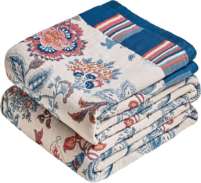 MSGKV Boho Throw Blanket 50"x60" 100% Cotton Floral Blanket for Couch Sofa Spring Breathable Lightweight Blankets All Seasons Home Decor Muslin