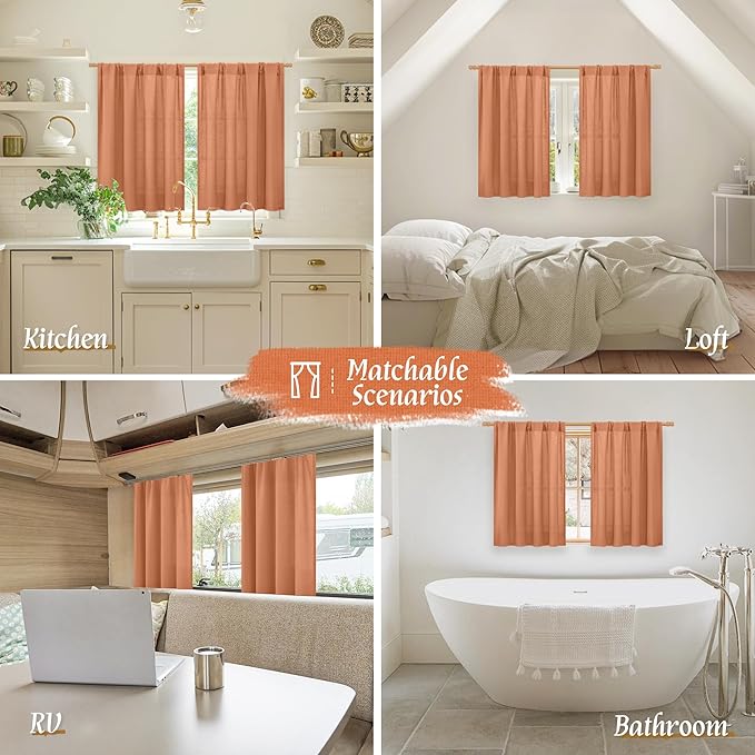 LAMIT Short Linen Curtains 45 Inches Long for Cafe 2 Panels, Terracotta Light Filtering Privacy Panels Rod Pocket Neutral Fall Decor Drapes for Bedroom/Window/Loft Room, 42 x 45 Inch