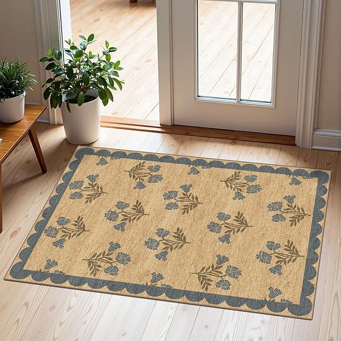 Front Door Mat Outside Entrance - 2x3 Floral Non-Slip Washable Doormat Indoor Outdoor Mat Jute-Look Farmhouse Blue Scalloped Entry Rug Small Throw Rugs for Entryway Kitchen Front Porch Decor
