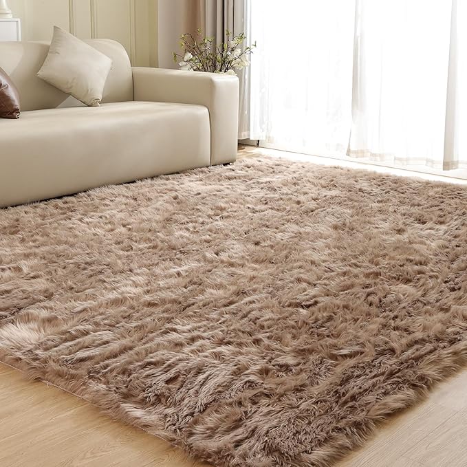 ORINOVA Fluffy Beige 8X10 Area Rug Faux Sheepskin Shaggy Fur Rug Washable for Living Room Bedroom Nursery Teen Room Home Décor