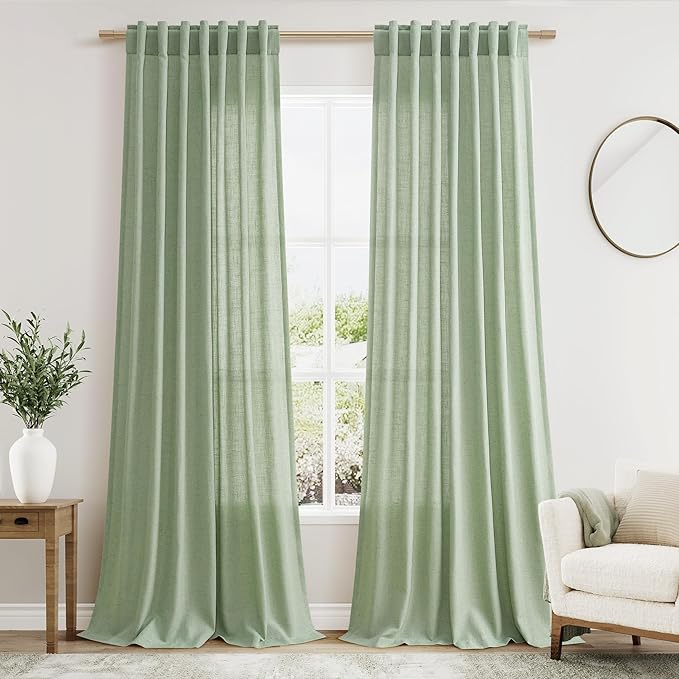 Extra Long Mist Sage Linen Curtains 120 Inch for Living Room 2 Panels Set Rod Pocket Back Tab Light Filtering Semi Sheer Linen Window Drapes Privacy High Ceiling Drapes for Farmhouse 52x120
